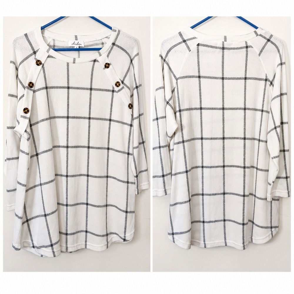 Anneliese Plaid Pullover Top Women XL White Button Shoulder Knit Preppy Momcore‎